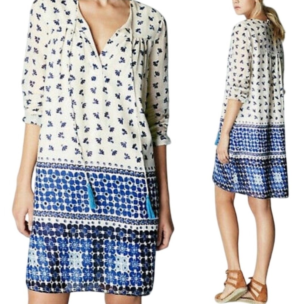 Boden Womens Blue White Cotton Floral Block Print Tunic Dress Tassel Tie US 10R